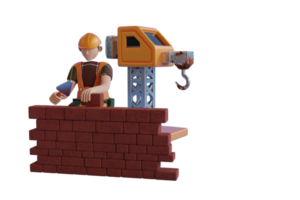 3d constructeur pose vers le bas briques.3d homme construction ouvrier avec bâtiment matériel. 3d illustration png