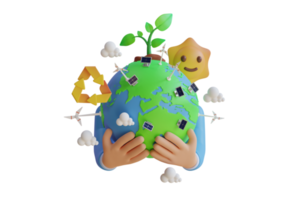 3d illustration of Green Energy. Globe Earth Planet and Green Energy Concept. Alternative source of electricity concept with World globe,solar panels,wind turbine and Seedling. 3d illustration png