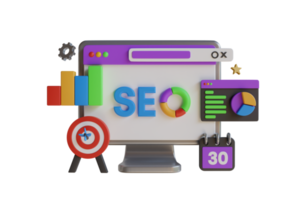 3D SEO Optimization, web analytics and seo marketing.  seo interface for website strategy and research planing in 3d laptop computer. Strategy and Planing website. 3D rendering png