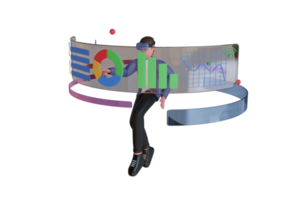 businessman wearing virtual reality glasses and managing infographic. Businessman Doing Analysis Using VR. Businessman using virtual reality glasses and touching vr interface. 3d illustration. png