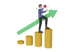 3d illustration de homme d'affaire avec or pièces de monnaie et graphique La Flèche. réussi homme d'affaire escalade à le Haut de pièce de monnaie piles. entreprise, salaire, profit, la finance et économie concept. 3d illustration png