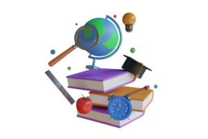 3d boeken met alarm klok. terug naar school- concept. school- tijd concept. 3d illustratie png