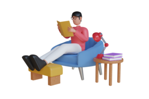 3d ilustración de leyendo libros. chico leyendo un libro con un apilar de libros junto a a él. estudiar y educación concepto. 3d ilustración png