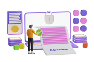 3D Illustration of Smart business contract. Man putting esignature into legal document. Digital signature concept. Businessman signing an agreement or contract online. png