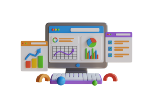 3d automatizzato dati analisi, finanziario previsione, mercato ricerca. concetto con il computer portatile computer, grafici diagrammi, grafici e posto per testo. utensili per dati analisi, statistico o finanziario analitica. png