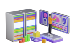 3d illustrazione di server sicurezza. nube Conservazione dati sicurezza protezione in linea backup. ragnatela ospitando servizio con informatica sicurezza tecnologia concetto. 3d illustrazione png