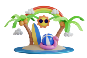 3d rendering of summer vacation concept. colorful beach elements. 3d render scene tropical palm tree, sun, rainbow, cloud, Flamingo inflatable toy. Tropic beach objects, Holiday web poster. png