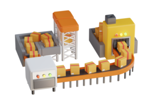 almacén con cartulina cajas dentro en paletas bastidores cinturón transportador con que cae caja de cartón cajas industrial fábrica envío carga correo negocio concepto. 3d ilustración png