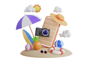 Summer Holiday Smart Phone 3D illustration. Travel and Summer vacation concept. summer beach on smartphone. 3d illustration png