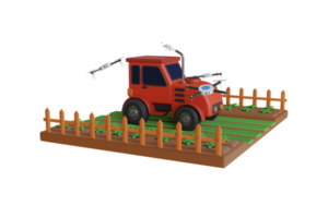 3d illustrazione di inteligente agricoltura concetto. trattore su pezzo di terra con azienda agricola prato e raccolti. azienda agricola con trattore e drone. 3d illustrazione png