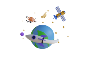 3d illustration de fusée en volant plus de le Terre. espace lancement système prend désactivé. début en haut concept. 3d illustration png