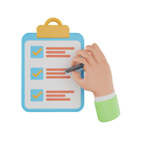 3d hand holding clipboard with checklist and marker. Hand holding checklist on a clipboard paper. 3d rendering png