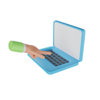 3D hand holding icon work using a laptop. Character's hands are working at the laptop. 3d illustration of hand holding laptop. 3d rendering png