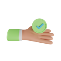 3D Hand holding Approval concept. 3D Hand holding Check Mark sign. in the hands of the confirm icon. 3d rendering png