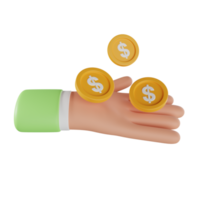 3D Hand holding coin stack. Saving money concept. Payment and Cash back. Money investment and business commerce. 3d rendering png