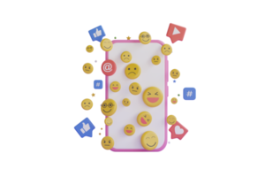 teléfono inteligente con emoji iconos social medios de comunicación concepto. 3d social medios de comunicación plataforma, en línea social comunicación aplicaciones concepto, emojis, corazones, charlar. 3d representación png