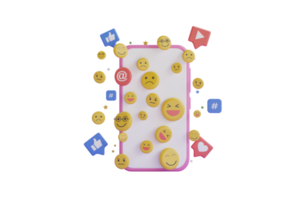 téléphone intelligent avec emoji Icônes. social médias concept. 3d social médias plateforme, en ligne social la communication applications concept, émoji, cœurs, discuter. 3d le rendu png