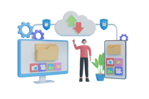 3D Illustration of Sending Files from Mobile Phone to Laptop. Transferring Digital Documents to The computer. files transfer protection. 3d rendering png