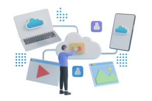 3d nube calcolo caricare e Scarica dati in linea servizio.hosting fornitore, dati backup, nube informatica. grande nube con collegato computer, Telefono, tavoletta, media giocatore. 3d interpretazione png