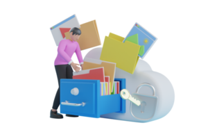 3d illustration of Cloud data storage. Businessman put in document drawer folder in cloud-shaped cabinet. File storage in cloud. cloud service online media file data backup storage. png