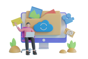 3d digital fil organisation service eller app med data överföra. moln datoranvändning ladda upp och ladda ner data uppkopplad service med dator. 3d tolkning png