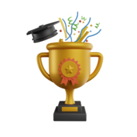 3D Golden cup icon. Achievement in education, study award, successful student, excellent academic performance. Gold goblet for contest or competition, 3d render png