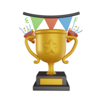 3D Trophy Cup and confetti icon. Gold winners trophy, champion cup with falling confetti. 3D rendering png