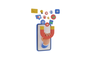 hand- houdt een magneet voor sociaal netwerk Promotie. digitaal sociaal marketing. mobiel telefoon met sociaal netwerk koppel. 3d renderen png