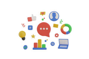 3D speech bubble surrounded by social media elements. Concept of verbal communication skills or abilities, business speaker, communicating through messages. 3d rendering png