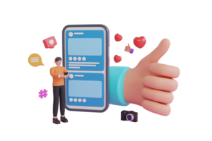 Concept of like at social network, success or good feedback. Cartoon human hand with thumb. 3D social media online platform concept. 3d rendering png