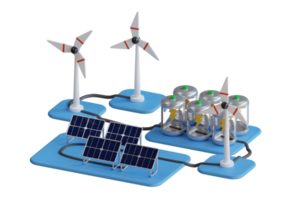 Eco energy. Green eco friendly and save energy concept design. Ecology, solar renewable energy, solar panel, wind renewable energy, wind generator, mill, propeller. 3d illustration png