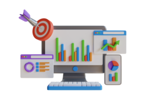 3D Data analytics, dashboard and business finance report. Online marketing, financial report chart, data analysis, and web development concept. 3d illustration png