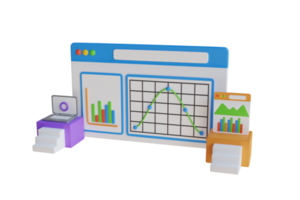 3d automatizado datos análisis, financiero pronóstico, mercado investigación. concepto con ordenador portátil computadora, cartas diagramas, gráficos y sitio para texto. herramientas para datos análisis, estadístico o financiero analítica. png