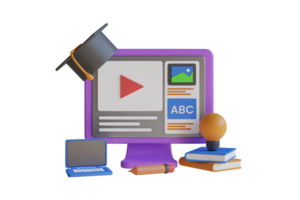 3D Illustration of Online education. online education, webinar, university, school digital classes web background with laptop, books. online video tutorial, e learning, web courses concept. png