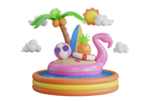 Flamingo inflatable toy, watermelon, palm trees, shell, ball beach. beautiful summer on tropical beach. 3d illustration png