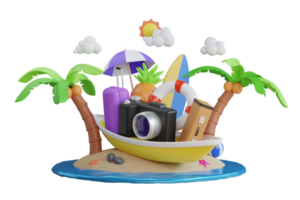 3d renderen van zomer vakantie concept. kleurrijk zomer strand elementen. flamingo opblaasbaar speelgoed, watermeloen, palm bomen, schelp, bal strand. 3d illustratie png
