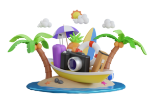 3d rendering of summer vacation concept. colorful summer beach elements. Flamingo inflatable toy, watermelon, palm trees, shell, ball beach. 3d illustration png