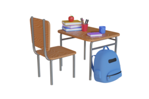 scuola scrivania con scuola accessorio e blu zaino 3d resa. casa apprendimento e studia scrivania con prenotare, penna e scuola zaino. concetto di formazione scolastica e indietro per scuola. 3d illustrazione png