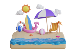 3d rendering of summer vacation concept. colorful beach elements. Summer and travel vacation concept with beach chair and umbrella. 3d illustration png