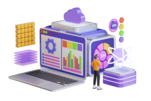 Cloud technologies for download, servers and service. Character staying near control panel and managing files and data on cloud web server. 3D illustration png