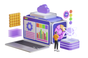 Cloud technologies for download, servers and service. Character staying near control panel and managing files and data on cloud web server. 3D illustration png