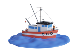 3d ilustración de hombre pescar en el barco .atrapando pescado Mariscos y utilizando neto. pescar barco en agua disco. pescar barco y pescador. 3d ilustración png