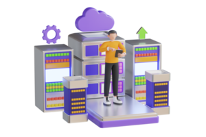 3d Illustration von Wolke Lagerung. Server Zimmer mit Hardware- Gestelle oder Netz Hosting Infrastruktur. Wolke Technologien zum herunterladen, Server und Service. groß Daten Lagerung. png