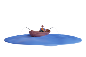 3d illustration de homme pêche sur le bateau. pêcheur dans petit bateau. homme dans chapeau avec pêche barre dans bateau. 3d illustration png