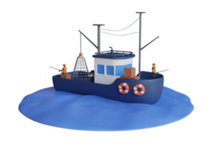 3d Illustration von Mann Angeln auf das Boot . Angeln Boot auf Wasser Scheibe. Angeln Boot und Fischer. 3d Illustration png