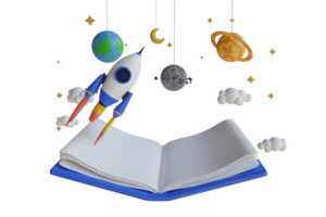 3d projeto do astronomia Ciência e Educação. uma livro este tem uma foguete e uma planeta em isto. pop acima livro com foguete dentro espaço. 3d Renderização png
