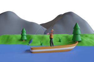 3d ilustración de hombre pescar en el bote. pescador en pequeño bote. hombre en sombrero con pescar varilla en bote. 3d ilustración png