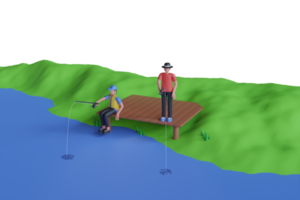 3d ilustración de pescadores pescar en el costa. pescador hombre con pescar varilla en el playa png