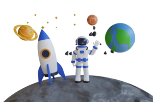 3D Illustration of astronaut on the moon with a rocket and planets in the background. The astronauts are surrounded by space shuttle, rocket ,earth and planets. png