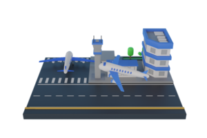 3D Airport Terminal Infrastructure.Parked airplanes with boarding bridges, postal service aircraft loading, airplane on the runway, aircraft maintenance hangars, airport machinery. 3D Rendering png